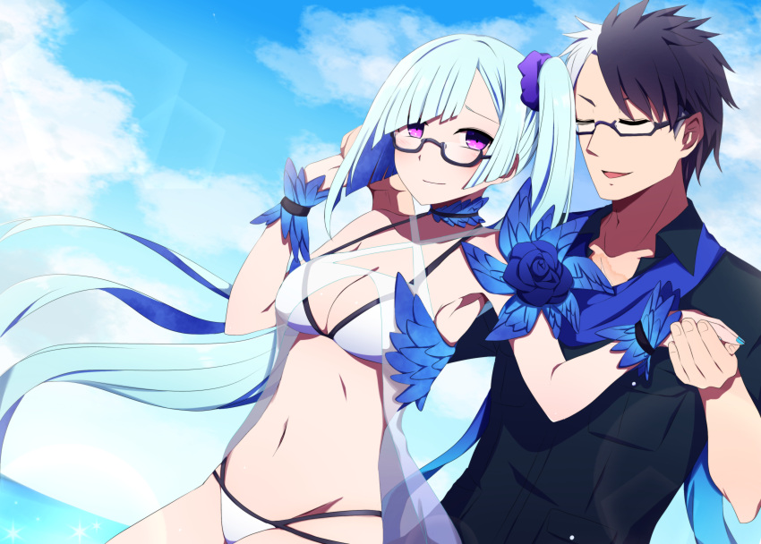 1boy absurdres aqua_nails bikini black_shirt blue_sky breasts brynhildr_(fate) brynhildr_(swimsuit_berserker)_(fate) cleavage commentary_request dutch_angle fate/grand_order fate_(series) female glasses highres long_hair multicolored_hair outdoors purple_eyes shirt side_ponytail sigurd_(fate) sigurd_(memories_with_my_lover)_(fate) sky swimsuit two-tone_hair upper_body white_bikini you_(noanoamoemoe)