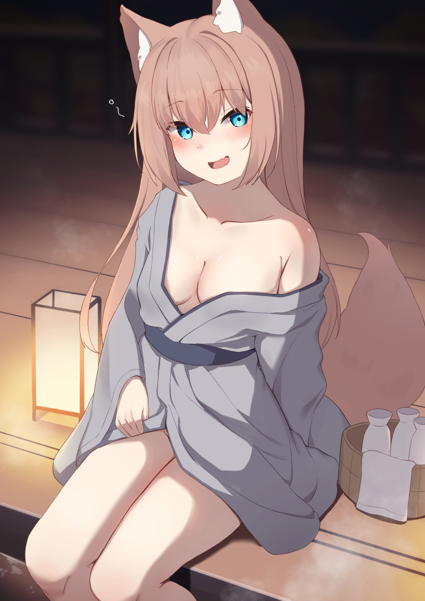 :d absurdres animal_ears ashiyu blue_eyes blush breasts brown_hair collarbone commentary_request feet_out_of_frame female foot_bath fox_ears fox_girl fox_tail grey_kimono hair_between_eyes highres hinata_(user_rjkt4745) japanese_clothes kimono lantern long_hair long_sleeves looking_at_viewer medium_breasts obi oerba_yun_fang off_shoulder original sash sitting sleeves_past_wrists smile solo tail very_long_hair wide_sleeves