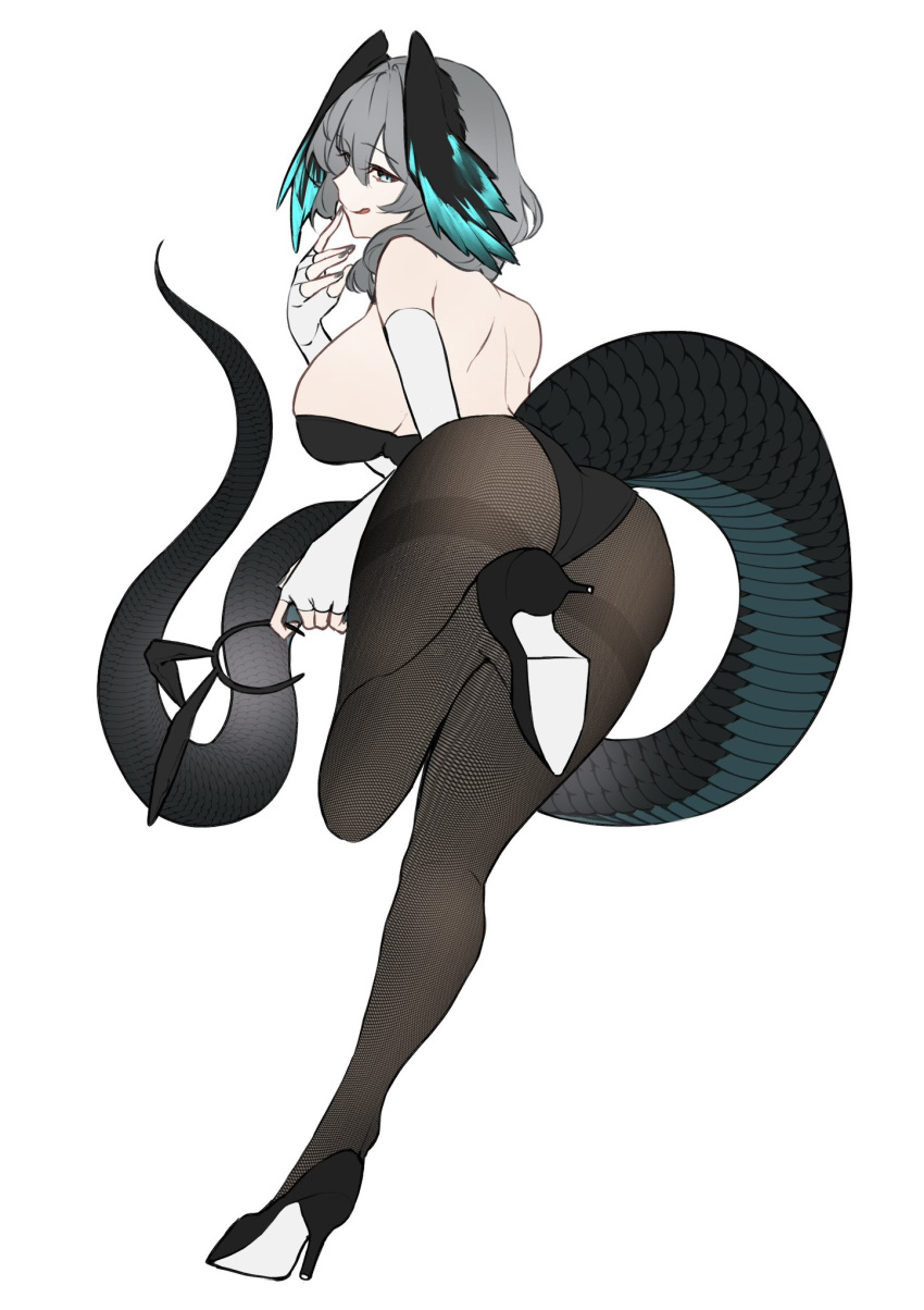 alternate_costume animal_ears aqua_eyes aqua_tail aqua_wings arknights ass ass_focus back backless_leotard backless_outfit balancing bare_back bare_shoulders black_footwear black_hairband black_leotard black_nails black_tail black_wings breasts brown_pantyhose commentary_request doodles dutch_angle elbow_gloves eyelashes fake_animal_ears fake_animal_ears_removed feathered_wings female fine_fabric_emphasis finger_to_mouth fingerless_gloves fingernails fishnet_pantyhose fishnets foreshortening from_behind full_body gloves gomago_magoma grey_hair hair_between_eyes hair_flowing_over hairband hand_up head_wings high-waist_sideboob high_heels highleg highleg_leotard highres ho'olheyak_(arknights) holding holding_hairband index_finger_raised invisible_floor large_breasts leaning leaning_forward leg_up legs leotard long_hair long_tail looking_at_viewer looking_back multicolored_tail multicolored_wings nail_polish pale_skin pantyhose playboy_bunny presenting presenting_ass profile pumps rabbit_ears scales shoulder_blades sideboob sideways_glance simple_background smile smirk snake_tail solo standing standing_on_one_leg strapless strapless_leotard tail thighs tongue tongue_out two-tone_tail two-tone_wings white_background white_gloves wings