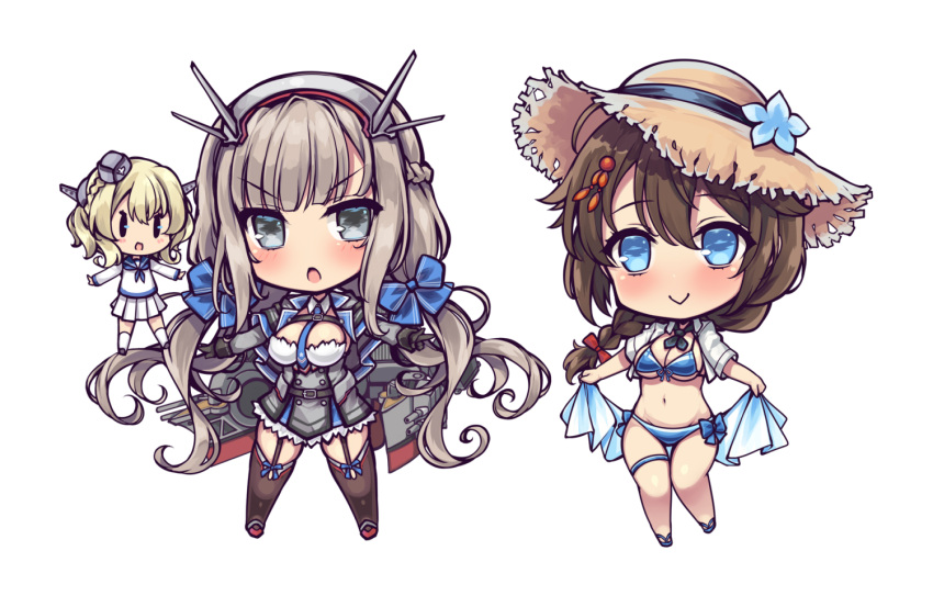 3girls ahoge akikaze_tsumuji between_breasts bikini black_gloves black_thighhighs blue_bikini blue_bow blue_eyes blue_necktie bow braid breasts brown_hair cannon capelet chibi colorado_(kancolle) dress fairy fairy_(kancolle) front-tie_bikini_top front-tie_top garrison_cap garter_straps gloves grey_capelet grey_dress grey_eyes hair_flaps hair_ornament hair_over_shoulder hairbow hat headgear kantai_collection large_breasts light_brown_hair long_hair low_twintails maryland_(kancolle) mini_person minigirl multiple_girls navel necktie necktie_between_breasts official_alternate_costume pleated_skirt radio_antenna rigging school_uniform serafuku shigure_(kancolle) shigure_kai_san_(kancolle) shigure_kai_san_(swimsuit)_(kancolle) shirt side-tie_bikini_bottom single_braid skirt sleeveless sleeveless_shirt straw_hat swimsuit thigh_strap thighhighs turret twintails white_serafuku white_skirt