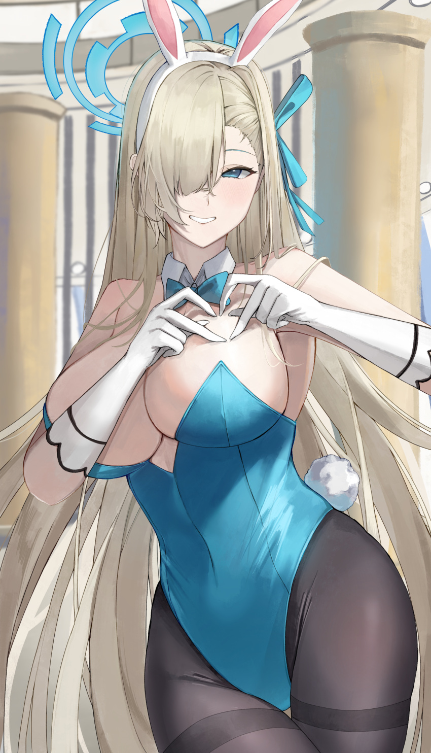 animal_ears asuna_(blue_archive) asuna_(bunny)_(blue_archive) bare_shoulders black_pantyhose blonde_hair blue_archive blue_bow blue_bowtie blue_halo blue_leotard bow bowtie breasts cleavage commentary_request covered_navel detached_collar fake_animal_ears fake_tail female gloves hair_over_one_eye halo heart heart_hands highres large_breasts leotard long_hair looking_at_viewer official_alternate_costume pantyhose playboy_bunny rabbit_ears rabbit_tail ref_(pmxt4483) solo standing strapless strapless_leotard tail very_long_hair white_gloves