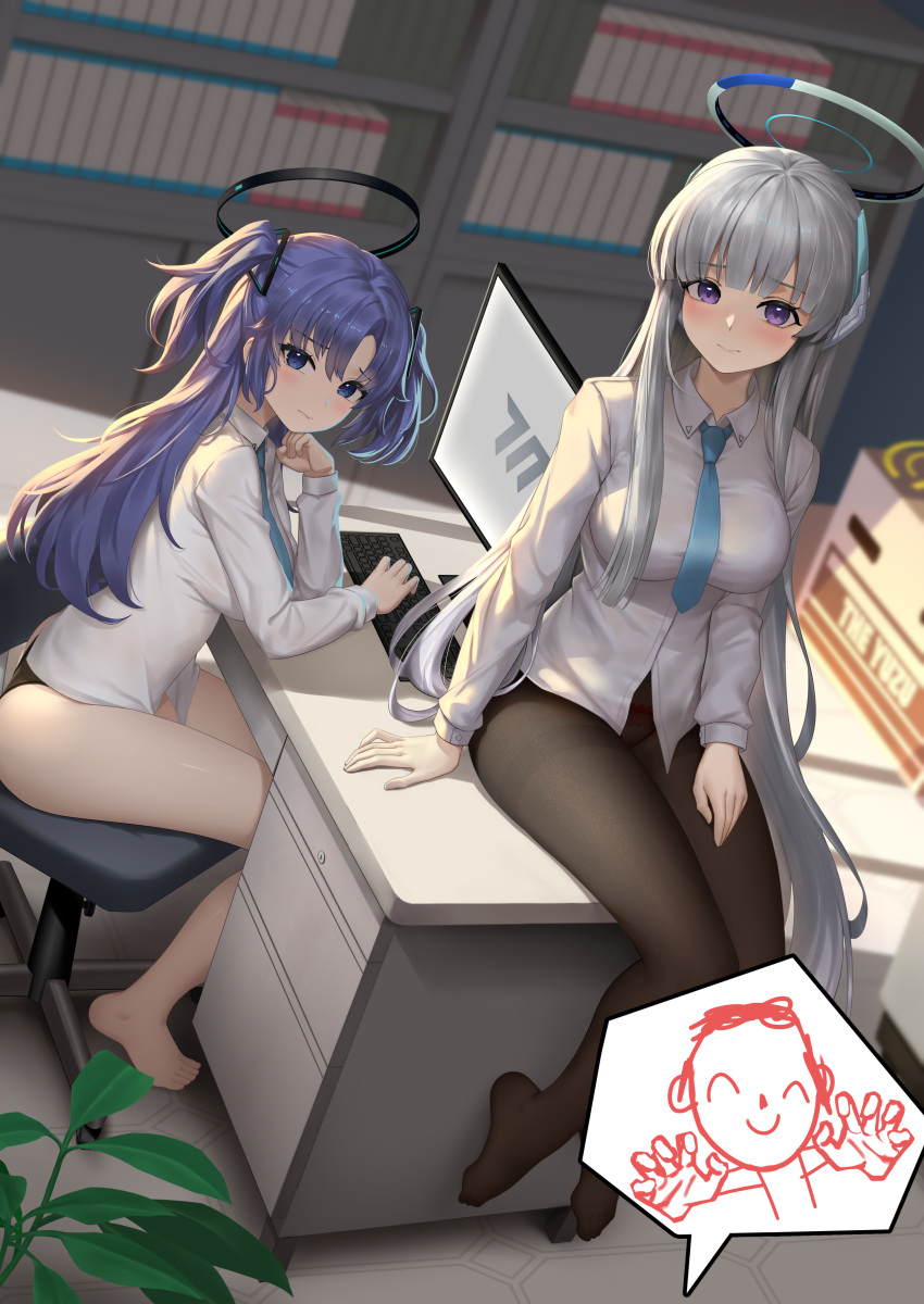 1boy 2girls absurdres barefoot black_panties black_pantyhose blue_archive blue_necktie blush breasts buttons closed_mouth collared_shirt commentary_request computer_keyboard doodle_sensei_(blue_archive) grey_hair halo highres indoors large_breasts long_hair long_sleeves looking_at_viewer mechanical_halo monitor multiple_girls necktie no_pants noa_(blue_archive) panties panties_under_pantyhose pantyhose purple_eyes purple_hair sensei_(blue_archive) shirt sitting sunkilow swivel_chair toes two_side_up underwear very_long_hair white_shirt yuuka_(blue_archive) yuzu_(blue_archive)