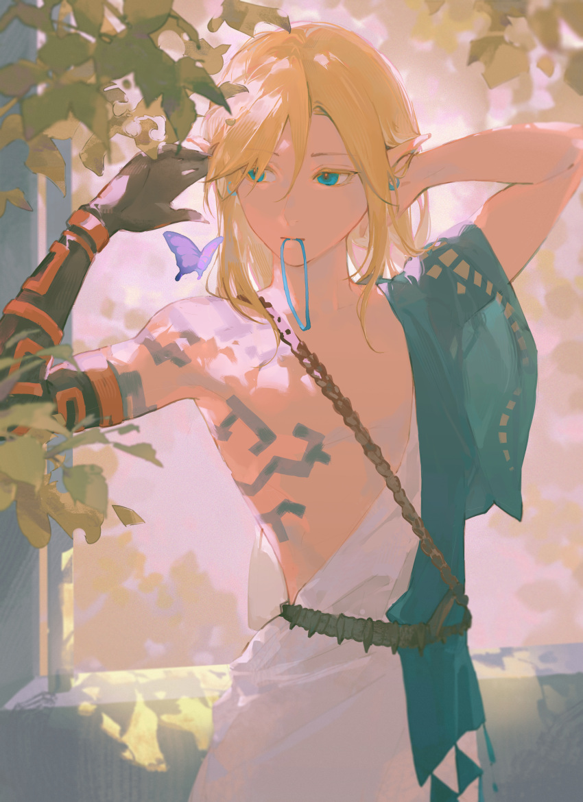 1boy absurdres aqua_eyes aqua_robe arm_tattoo blonde_hair bug butterfly day earrings gjygyao hadanugi_dousa hair_tie hair_tie_in_mouth highres humming jewelry leaf link long_hair male_focus mouth_hold outdoors pointy_ears purple_butterfly robe solo tattoo the_legend_of_zelda the_legend_of_zelda:_tears_of_the_kingdom tying_hair underwear white_robe