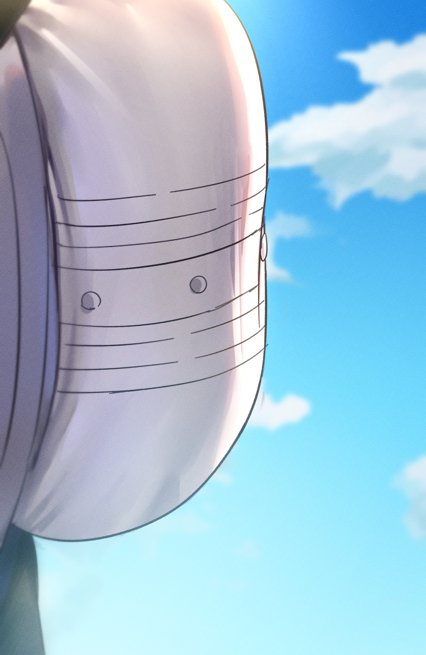 absurdres blue_sky breasts cloud commentary_request day dress female fern_(sousou_no_frieren) from_below highres inconvenient_breasts large_breasts outdoors pov sky solo sousou_no_frieren white_dress yayoi_maka