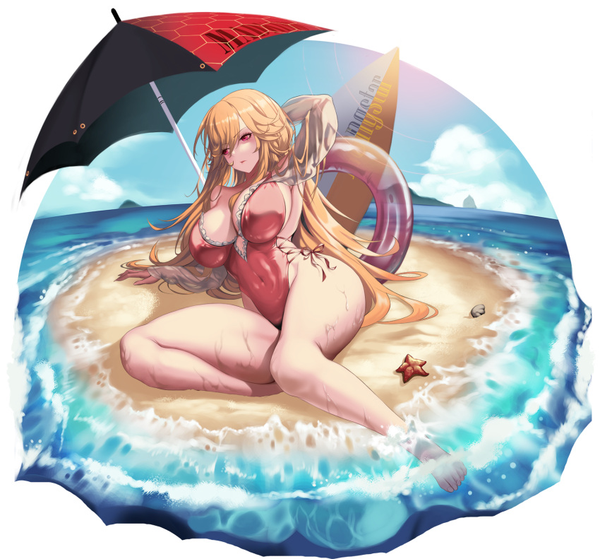 azur_lane backless_swimsuit beach beach_umbrella breasts commission cross-laced_clothes cross-laced_one-piece_swimsuit curvy day female frilled_one-piece_swimsuit frills hand_in_own_hair highleg highleg_swimsuit highres huge_breasts long_hair looking_at_viewer mad_kimo official_alternate_costume one-piece_swimsuit orange_hair outdoors pink_innertube pink_one-piece_swimsuit richelieu_(azur_lane) richelieu_(fleuron_of_the_waves)_(azur_lane) sand solo starfish summer swimsuit umbrella very_long_hair water