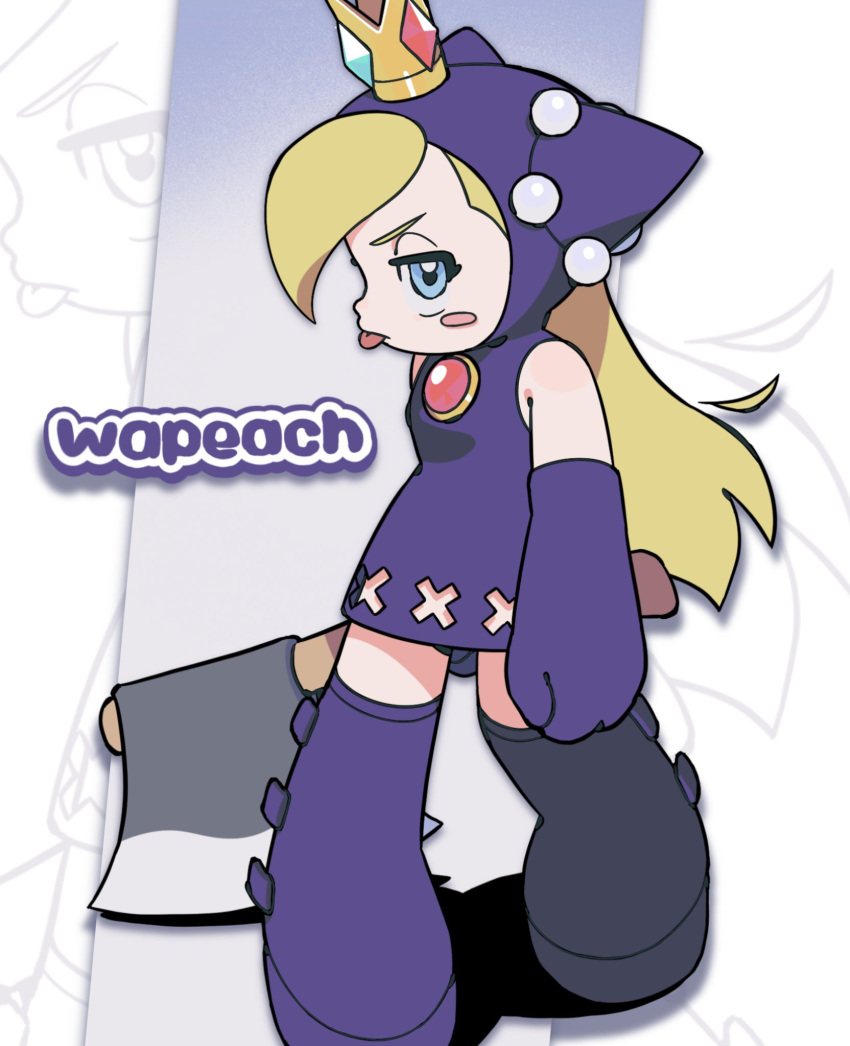 axe bare_shoulders blonde_hair blue_eyes blush_stickers character_name commentary_request crown dress elbow_gloves female full_body gloves highres holding holding_axe hood hood_up hooded_dress long_hair looking_at_viewer mario_(series) mario_power_tennis mario_tennis mini_crown nankai_(nankai_san) profile purple_dress purple_footwear purple_gloves solo standing tongue tongue_out warupeach