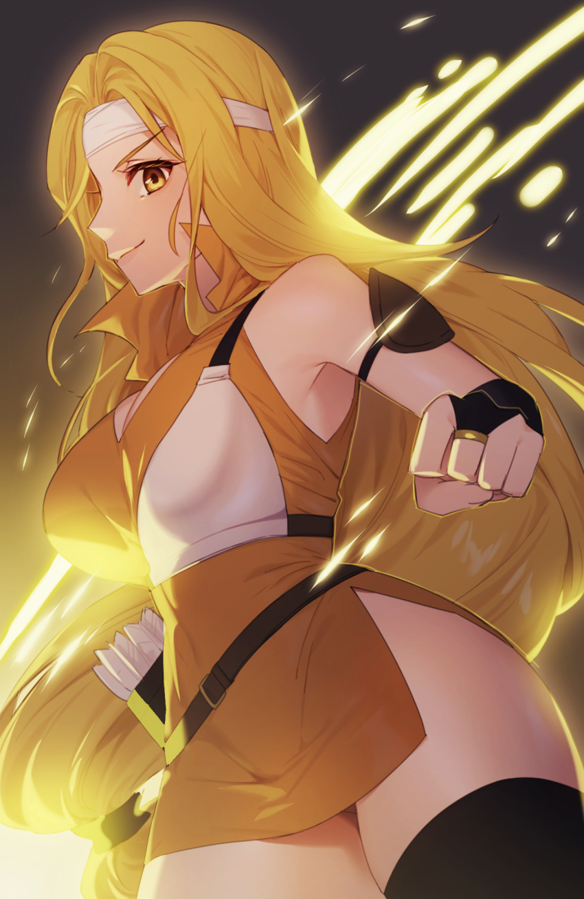 arrow_(projectile) belt black_thighhighs blonde_hair brigid_(fire_emblem) closed_mouth commentary_request dress female fingerless_gloves fire_emblem fire_emblem:_genealogy_of_the_holy_war gloves headband highres long_hair looking_at_viewer maitei_roppa muneate orange_dress smile solo thighhighs thighs yellow_eyes