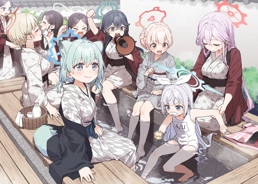 6+girls animal_ears arm_support ashiyu bath_yukata blue_archive bucket cherino_(blue_archive) cherino_(hot_spring)_(blue_archive) choko_(cup) closed_eyes commentary_request cup drinking fake_beard fake_facial_hair food foot_bath halo hanten_(clothes) highres holding holding_cup japanese_clothes kimono looking_at_another looking_at_viewer marina_(blue_archive) megaphone minori_(blue_archive) multiple_girls name_tag nodoka_(blue_archive) nodoka_(hot_spring)_(blue_archive) official_alternate_costume one-piece_swimsuit pudding school_swimsuit shigure_(blue_archive) shigure_(hot_spring)_(blue_archive) soaking_feet steam swimsuit tail tokkuri tomoe_(blue_archive) weasel_ears weasel_tail white_one-piece_swimsuit wooden_bucket yukata yukie_(kusaka_shi)