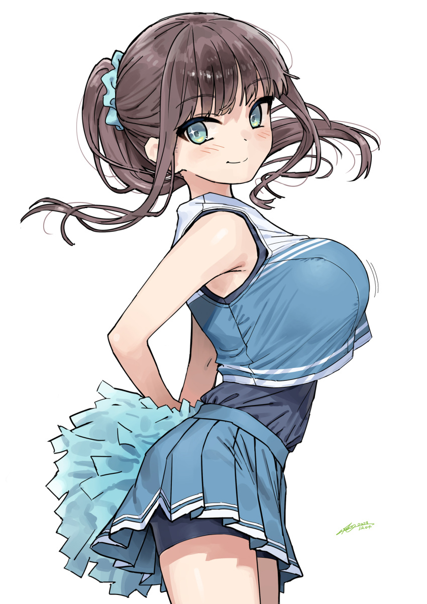 arms_behind_back bare_shoulders blue_shirt blue_skirt blush breasts brown_hair cheer-chan_(tawawa) cheerleader commentary_request crop_top female getsuyoubi_no_tawawa green_eyes highres holding holding_pom_poms kaedeko_(kaedelic) large_breasts long_hair looking_at_viewer partial_commentary pleated_skirt pom_pom_(cheerleading) ponytail shirt sidelocks skirt smile solo thighs