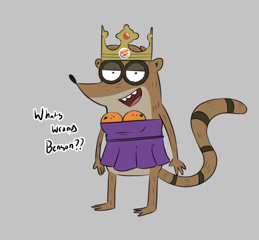 burger_king cartoon_network clothing crown dialogue dress feral headgear hi_res honeymono looking_at_viewer male mammal orange procyonid raccoon regular_show rigby_(regular_show) solo text