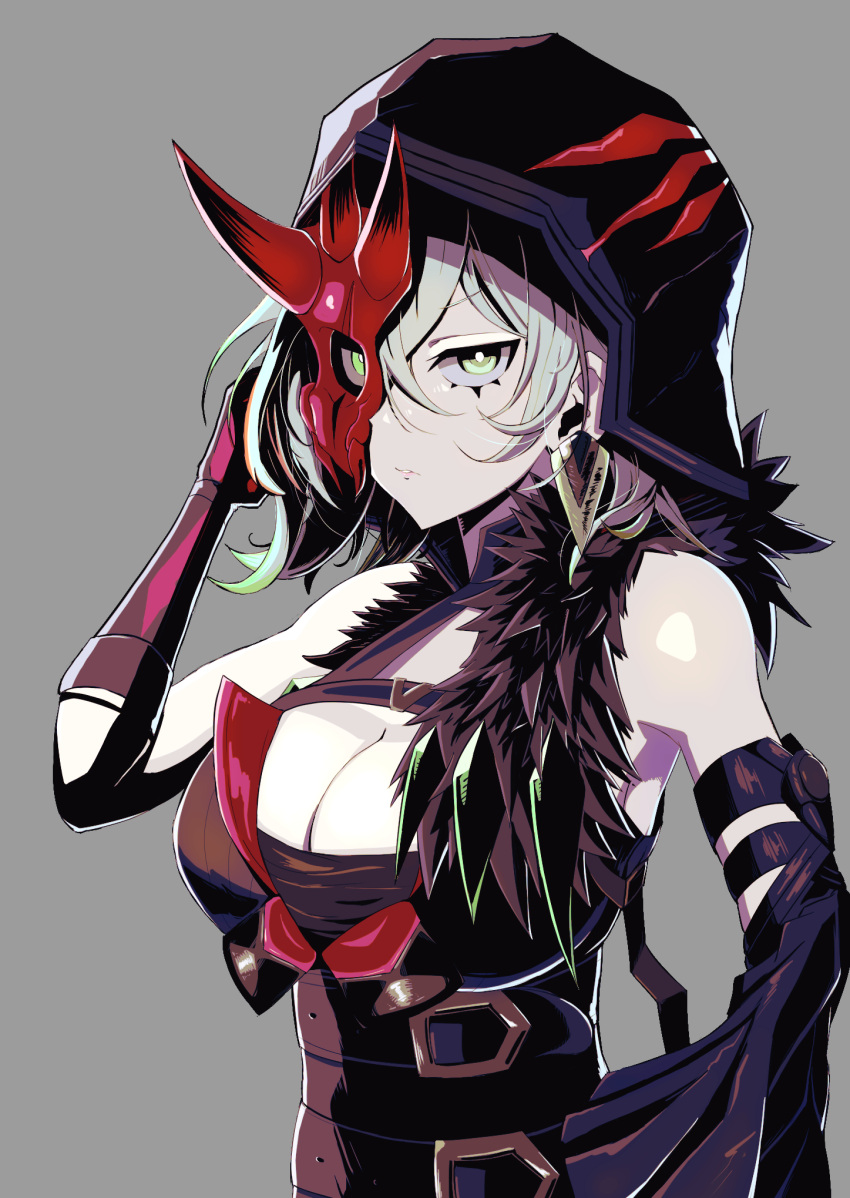 breasts cleavage detached_sleeves diabellstar_the_black_witch duel_monster earrings female gloves green_eyes green_hair grey_background grey_hair half_mask hand_in_own_hair hasu_baku_ichi highres hood hood_up jewelry large_breasts looking_at_viewer mask medium_hair multicolored_hair pale_skin red_mask simple_background single_detached_sleeve single_glove single_sleeve solo yu-gi-oh!