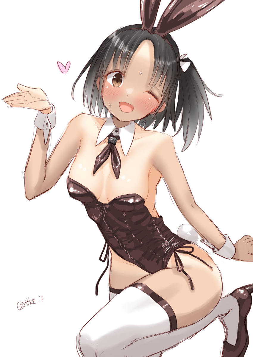 animal_ears black_footwear black_hair black_leotard black_neckerchief breasts detached_collar female forehead high_heels highres kantai_collection leotard nagara_(kancolle) neckerchief one_eye_closed one_side_up playboy_bunny rabbit_ears rabbit_tail short_hair side-tie_leotard simple_background small_breasts smile solo strapless strapless_leotard tail tetsukuzu_(yajirushi_shita) thighhighs white_background white_thighhighs wrist_cuffs