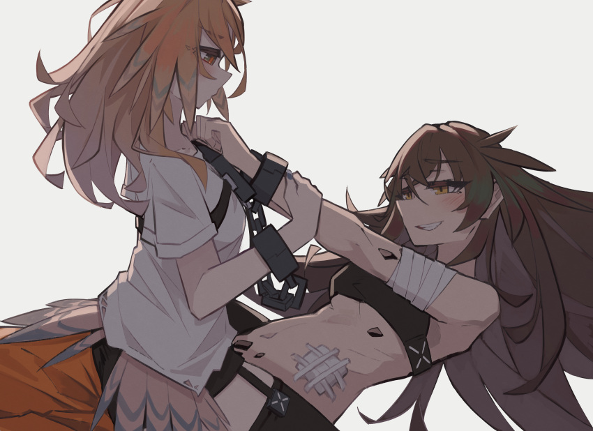 2girls absurdres arknights bandaged_arm bandages bandaid_on_stomach black_skirt black_thighhighs blush brown_hair clenched_teeth commentary crop_top cuffs english_commentary feathers highres kafka_(arknights) long_hair looking_at_another material_growth mole mole_under_eye multiple_girls navel orange_eyes orange_hair oripathy_lesion_(arknights) pinecone_(arknights) shirt short_sleeves simple_background skirt stomach straddling teeth thighhighs togekk0 white_background white_shirt yellow_eyes yuri zettai_ryouiki