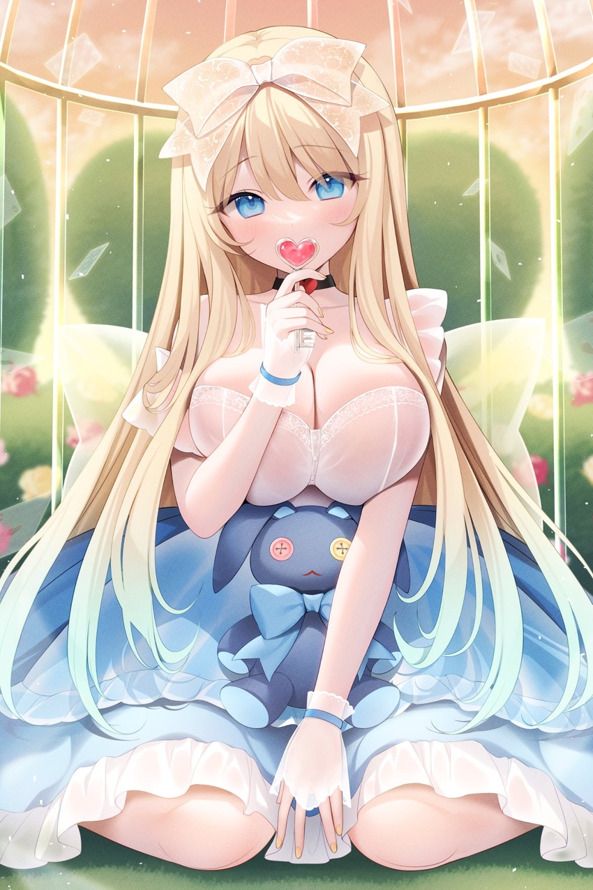 alicetea arm_between_legs black_choker blonde_hair blue_dress blue_eyes blush bow breasts cage candy choker cleavage commentary covering_own_mouth dress emu_alice female food hairbow highres holding holding_candy holding_food holding_lollipop large_breasts liver_city lollipop long_hair looking_at_viewer miko_(royal_milk) see-through_bow sitting solo stuffed_animal stuffed_rabbit stuffed_toy wariza white_bow wrist_wrap