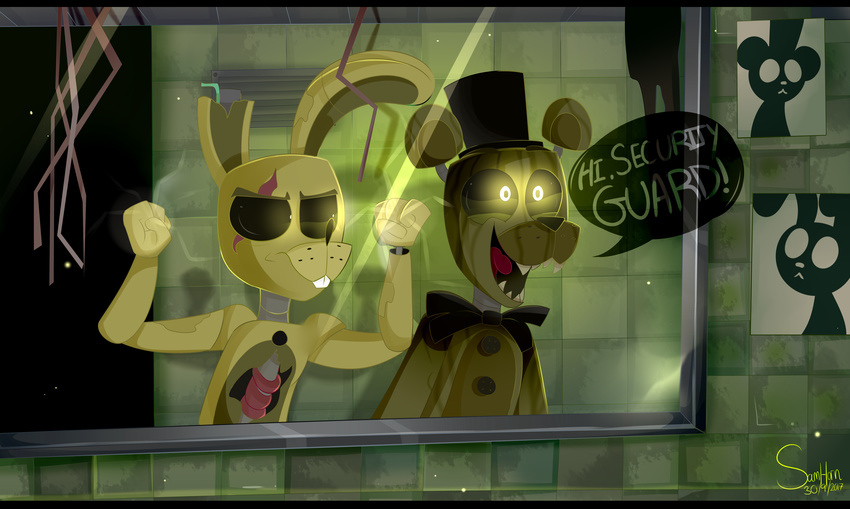 2017 absurd_res animatronic bear behind_glass bow_(feature) bow_tie clothing five_nights_at_freddy's five_nights_at_freddy's_3 glass glowing glowing_eyes group hat headgear headwear hi_res lagomorph leporid machine mammal phantom_freddy_(fnaf) rabbit robot scottgames sideshow-spottus springtrap_(fnaf) top_hat