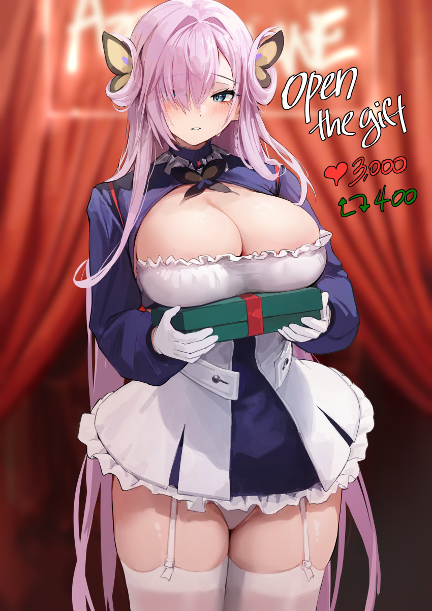 absurdres azur_lane blue_dress blue_eyes blurry blurry_background blush box breasts butterfly_hair_ornament chela77 cleavage cleavage_cutout clothing_cutout cowboy_shot curtains dress english_commentary english_text eyes_visible_through_hair female frilled_dress frills garter_straps gift gift_box gloves hair_ornament hair_over_one_eye hair_rings highres holding holding_box holding_gift large_breasts long_hair long_sleeves looking_at_viewer louisville_(azur_lane) meme official_art panties pantyshot parted_lips pink_hair second-party_source solo standing teardrop thank_you thick_thighs thighhighs thighs twitter_strip_game_(meme) underwear very_long_hair white_dress white_gloves white_panties white_thighhighs