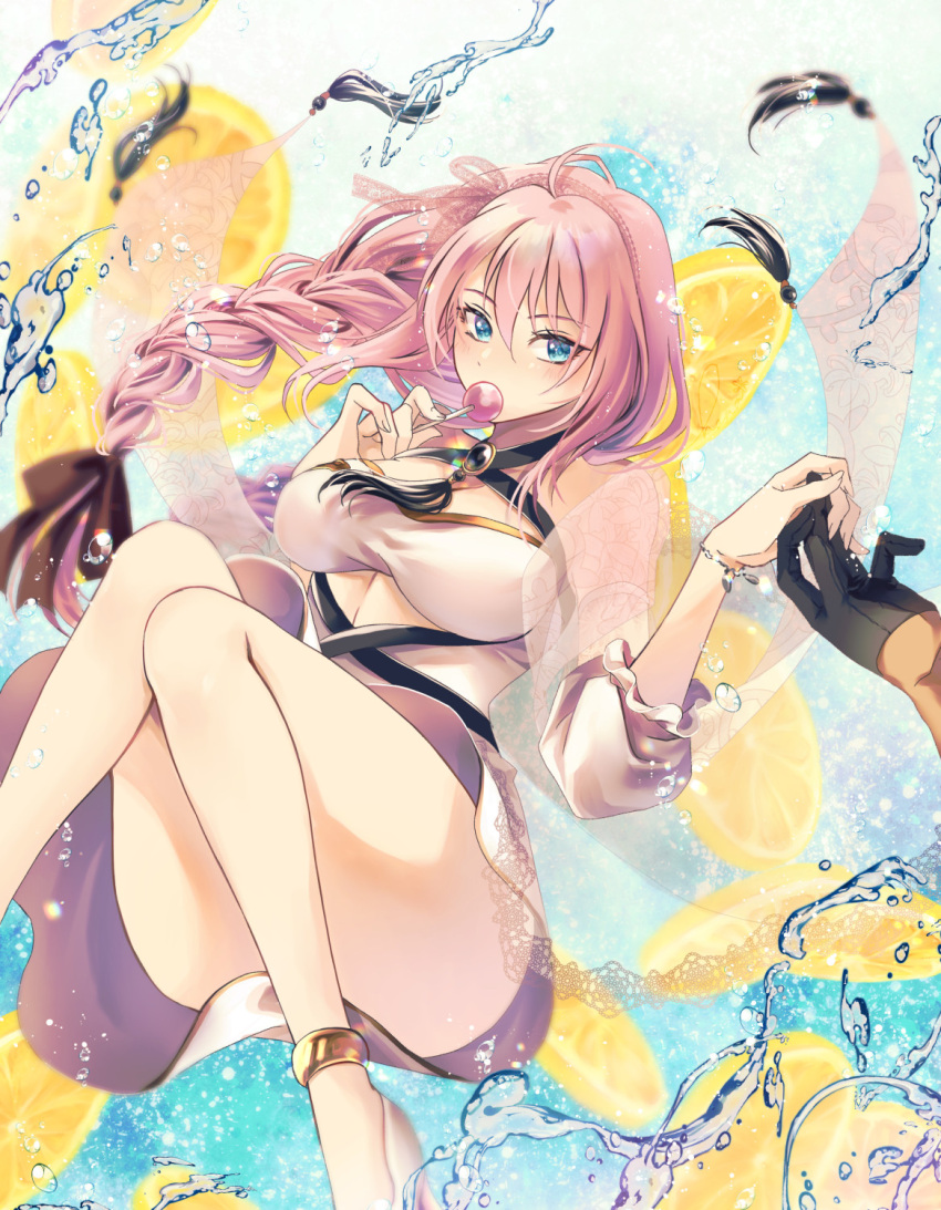 ahoge anklet bare_legs black_gloves blue_eyes bracelet braid breasts brooch candy convenient_leg convenient_skirt cutout_above_navel dress female food fruit gloves hair_between_eyes hanasakuraya highres holding holding_candy holding_food holding_hands holding_lollipop jewelry large_breasts lemon lemon_slice lollipop low_twin_braids pink_hair shionne_(tales) tales_of_(series) tales_of_arise twin_braids water