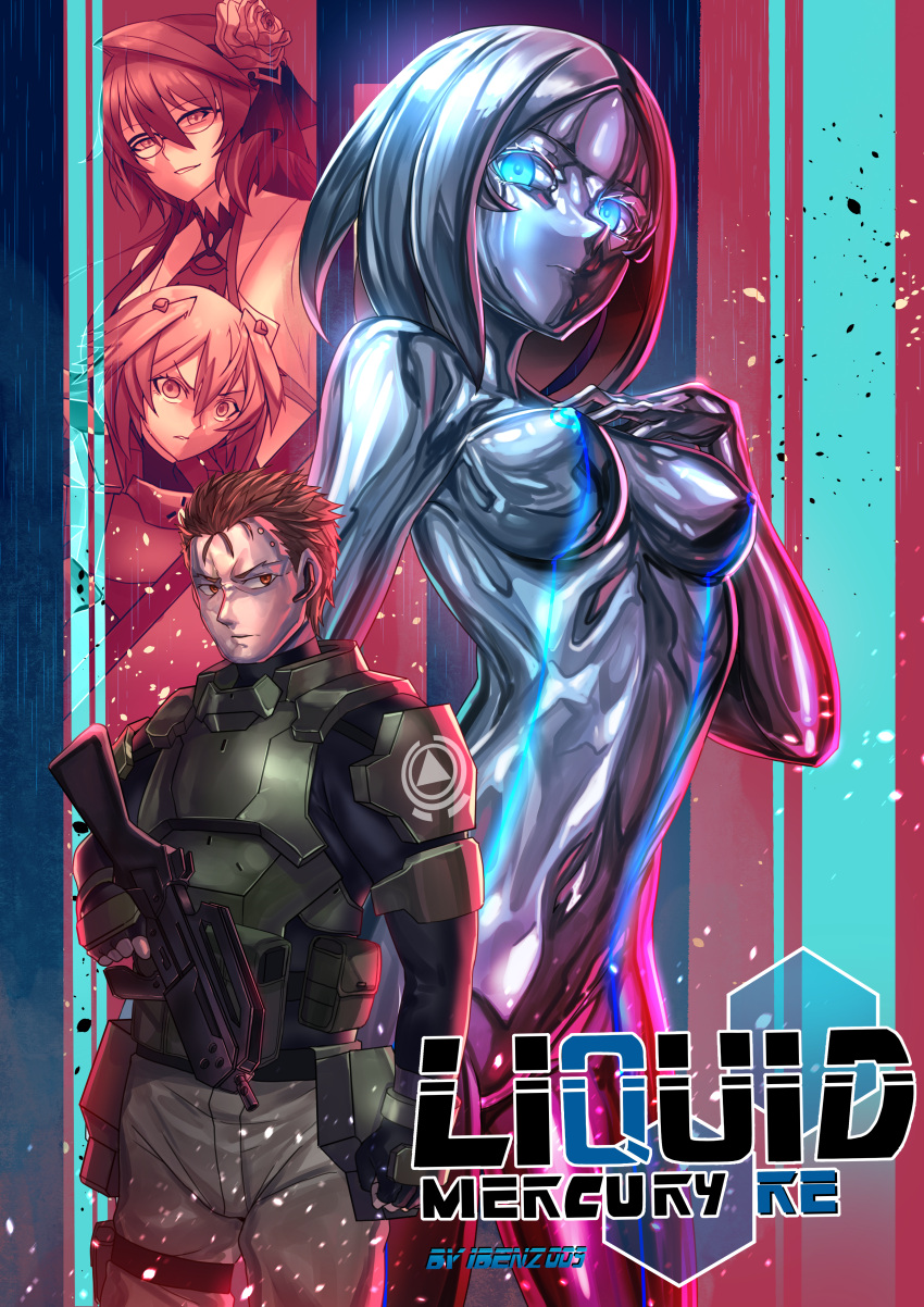 1boy 3girls absurdres android armor blue_eyes breasts commentary english_text fingerless_gloves glasses gloves glowing glowing_eyes gun hair_slicked_back hand_on_own_chest highres holding holding_gun holding_weapon ibenz009 looking_at_viewer medium_breasts mercury_(element) metal_skin multiple_girls navel neon_trim orange_hair original parted_bangs red_eyes shiny_skin short_hair silver_skin submachine_gun weapon