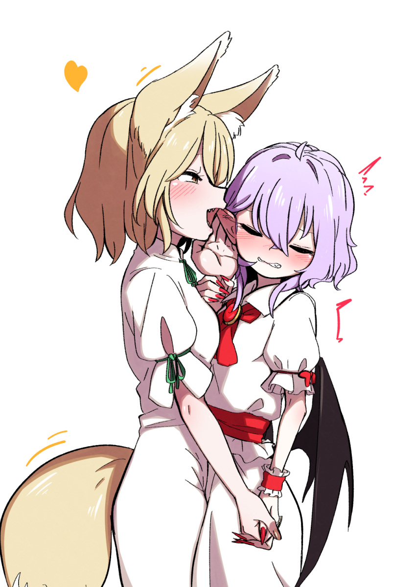 2girls ahoge animal_ear_fluff animal_ears bat_wings blonde_hair blush clenched_teeth closed_eyes fangs fingernails fox_girl fox_tail heart height_difference highres holding_another's_wrist holding_hands interlocked_fingers kameyan kudamaki_tsukasa multiple_girls no_headwear pointy_ears puffy_short_sleeves puffy_sleeves remilia_scarlet sharp_fingernails short_sleeves shy tail teeth touhou whispering white_background wings yuri