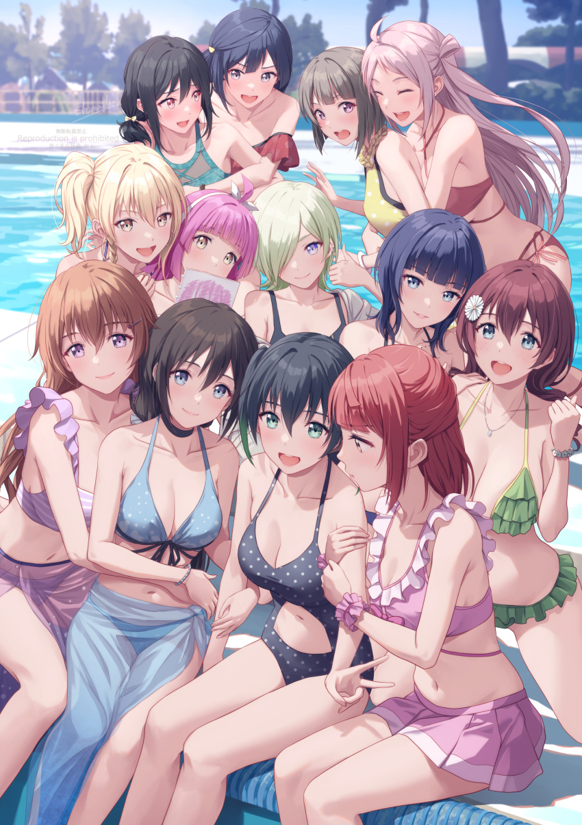 6+girls ahoge arm_around_waist arm_grab asaka_karin bare_shoulders bikini bikini_skirt black_bikini black_eyes black_hair blonde_hair blue_bikini blue_eyes blue_hair blunt_bangs breasts brown_hair cleavage clenched_hand closed_eyes closed_mouth clothing_cutout collarbone emma_verde frilled_bikini frills furrowed_brow green_eyes grey_hair hair_between_eyes hair_over_one_eye highres hug hug_from_behind jewelry konoe_kanata large_breasts long_hair looking_at_viewer love_live! love_live!_nijigasaki_high_school_idol_club medium_breasts medium_hair mia_taylor midriff mifune_shioriko miyashita_ai multiple_girls nakasu_kasumi navel necklace one_eye_covered one_side_up open_mouth orange_eyes orange_hair osaka_shizuku pink_bikini pink_hair pool purple_bikini purple_eyes red_bikini red_hair shamakho short_hair short_ponytail side_ponytail sidelocks sitting stomach_cutout swimsuit takasaki_yu tennoji_rina thumbs_up twintails uehara_ayumu upper_body v yellow_eyes yuki_setsuna_(love_live!) zhong_lanzhu