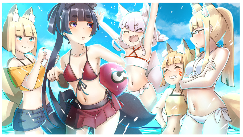 5girls :d adjusting_clothes adjusting_swimsuit animal_ear_fluff animal_ears arms_up ball bare_arms bare_shoulders beachball bikini bikini_skirt black_hair blonde_hair blue_eyes blue_shorts blue_sky blush breasts cellphone closed_eyes closed_mouth cloud collarbone criss-cross_halter crossed_arms day denim denim_shorts diagonal_bangs facial_mark flat_chest fox_ears fox_girl fox_tail front-tie_bikini_top front-tie_top grey_hair grin hair_over_one_eye halterneck hand_on_own_hip highleg highleg_bikini highres holding holding_phone horizon kasumi_(kuro_kosyou) kitsune kono_iroha kono_tsukuha koyuki_(kuro_kosyou) kuro-chan_(kuro_kosyou) kuro_kosyou long_hair multiple_girls navel ocean oerba_yun_fang off-shoulder_shirt off_shoulder open_clothes open_shorts original outdoors parted_lips phone ponytail purple_eyes red_bikini shirt short_eyebrows short_hair short_shorts short_sleeves shorts sky small_breasts smile swimsuit tail thick_eyebrows very_long_hair water white_bikini yellow_bikini yellow_shirt