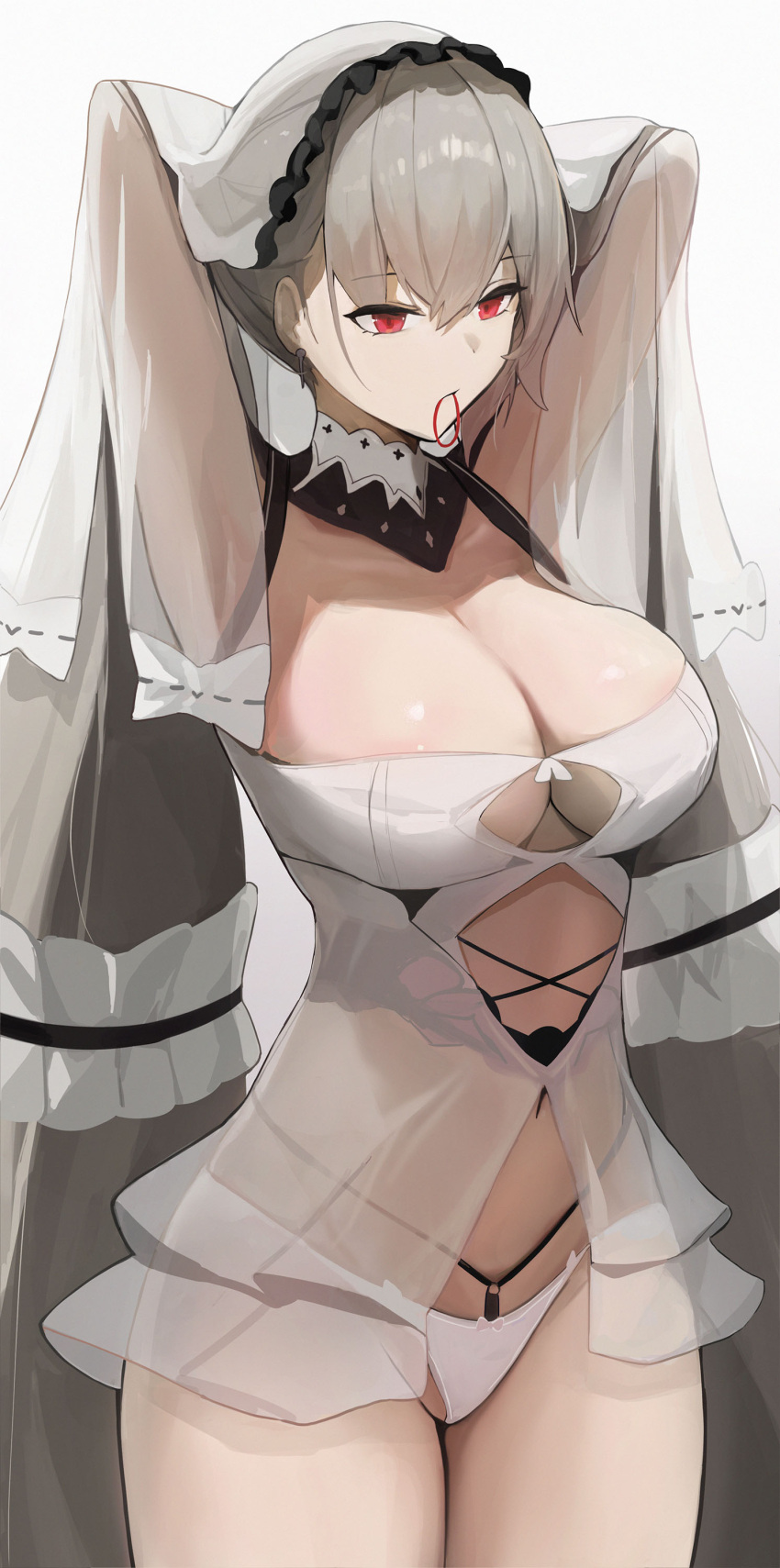 absurdres arms_up azur_lane black_choker black_sailor_collar bow breasts choker clothing_cutout dress feather_dress female formidable_(azur_lane) formidable_(timeless_classics)_(azur_lane) hair_ornament highres large_breasts long_hair looking_at_viewer navel_cutout official_alternate_costume red_eyes ribbon sailor_collar shakabrah simple_background solo thighs twintails two-tone_ribbon underwear veil very_long_hair white_background white_dress