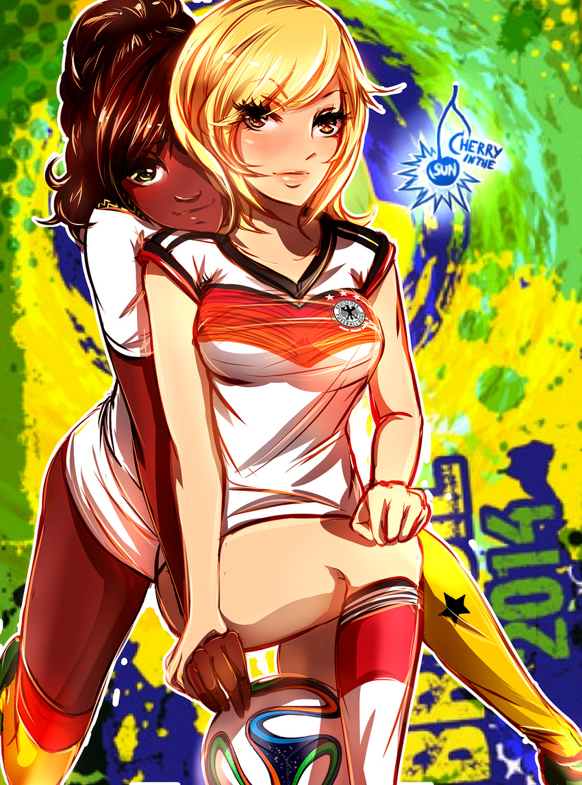 2014_fifa_world_cup 2girls blonde_hair brazuca brown_eyes brown_hair cherry_in_the_sun commentary dark-skinned_female dark_skin germany ghana highres long_hair multiple_girls original short_hair soccer soccer_uniform sportswear world_cup