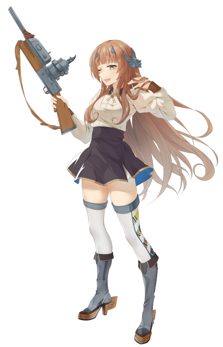 absurdres adapted_turret b3b blue_skirt boots brown_footwear brown_hair brown_skirt browning_auto_5 chinese_commentary commentary_request female full_body headgear helena_(kancolle) helena_kai_(kancolle) high-waist_skirt high_heel_boots high_heels highres holding holding_weapon kantai_collection long_hair long_sleeves one_eye_closed rudder_footwear shirt simple_background skirt solo standing thighhighs turret two-tone_skirt weapon white_background white_shirt white_thighhighs yellow_eyes