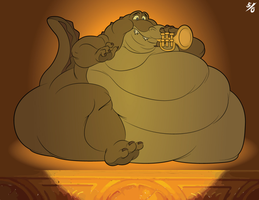 2018 50percentgrey alligator alligatorid anthro ass belly big_belly big_butt brass_instrument claws crocodilian disney fangs holding_object holding_trumpet louis_(tpatf) male morbidly_obese morbidly_obese_anthro morbidly_obese_male musical_instrument nude obese obese_anthro obese_male overweight overweight_anthro overweight_male raised_tail reptile scales scalie signature sitting solo stage tail teeth the_princess_and_the_frog thick_thighs toe_claws trumpet wide_hips wind_instrument