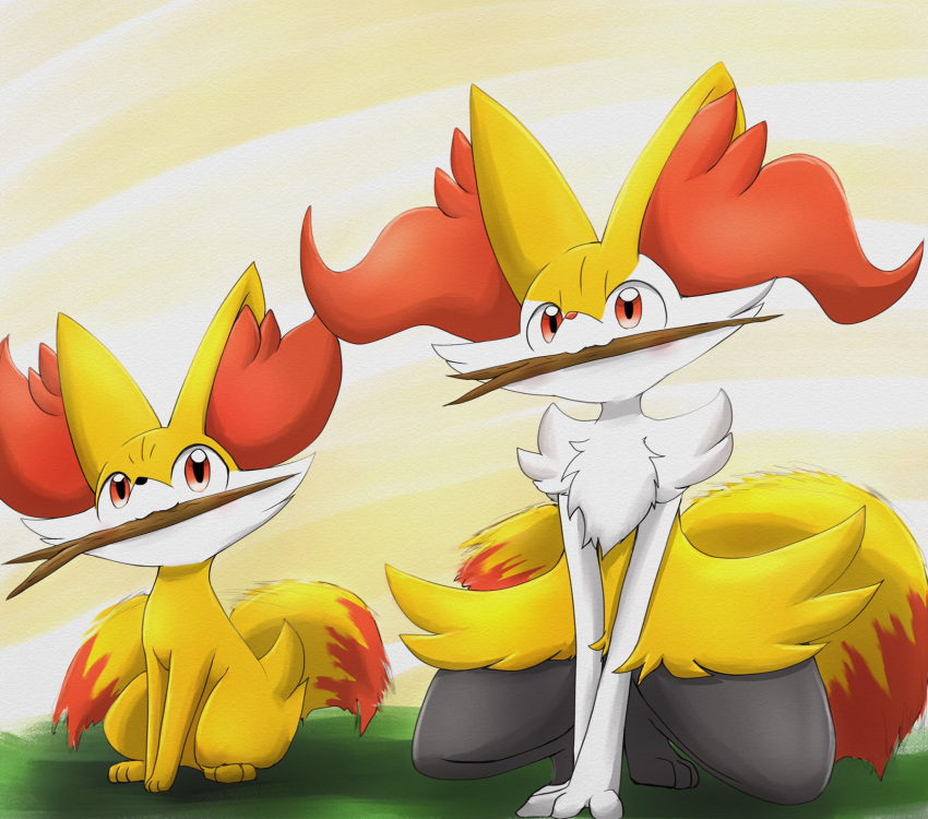 ambiguous_gender anthro blush braixen canid canine digital_media_(artwork) duo eiroru fennekin feral fur generation_6_pokemon hi_res holding_in_mouth inner_ear_fluff mammal nintendo orange_eyes pokemon pokemon_(species) simple_background sitting stick tail tail_motion tailwag tuft yellow_body yellow_fur