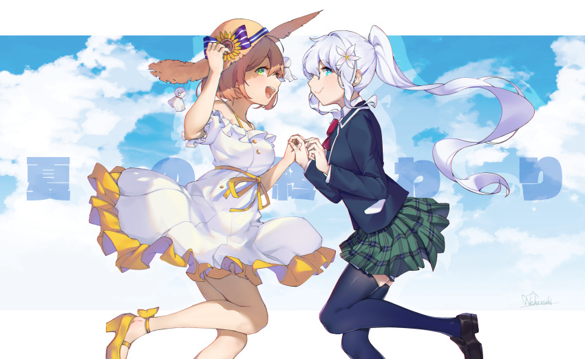 2girls :> :d absurdres blue_background blue_eyes blue_jacket blue_thighhighs bow bowtie brown_footwear chinese_commentary closed_mouth collared_shirt commentary dress floating_hair flower from_side green_skirt hair_flower hair_ornament hand_on_headwear hat hat_bow hat_flower high_heels highres holding_hands honma_himawari interlocked_fingers jacket jiliang_jiying_yumao karu_(virtuareal) loafers long_hair looking_at_viewer looking_to_the_side multiple_girls nijisanji off-shoulder_dress off_shoulder open_mouth pleated_skirt ponytail puffy_short_sleeves puffy_sleeves red_bow red_bowtie ribbon sash school_uniform shirt shoes short_sleeves sideways_glance signature skirt smile strappy_heels straw_hat sun_hat sundress sunflower teruterubouzu thighhighs very_long_hair virtual_youtuber virtuareal white_dress white_hair yellow_footwear yellow_ribbon