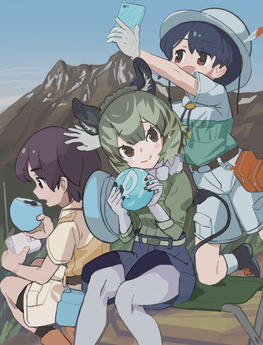 1boy 2girls animal_ears black_hair black_socks blush bolo_tie boots bow bowtie brown_eyes bucket_hat captain_(kemono_friends) cellphone chinchilla_girl collared_shirt commentary_request degu_(kemono_friends) denim denim_shorts dual_persona eating elbow_gloves food fur_collar gloves green_hair green_shirt grey_bow grey_bowtie grey_fur grey_gloves grey_pantyhose hat hat_on_back highres hip_gear jacket japari_bun kemono_friends kemono_friends_3 kunikuni_(kunihiro2005) mountain multicolored_hair multiple_girls outdoors pantyhose phone radio red_eyes safari_jacket shirt short_hair short_sleeves shorts sitting smartphone smile socks t-shirt table tail uniform white_bow white_gloves