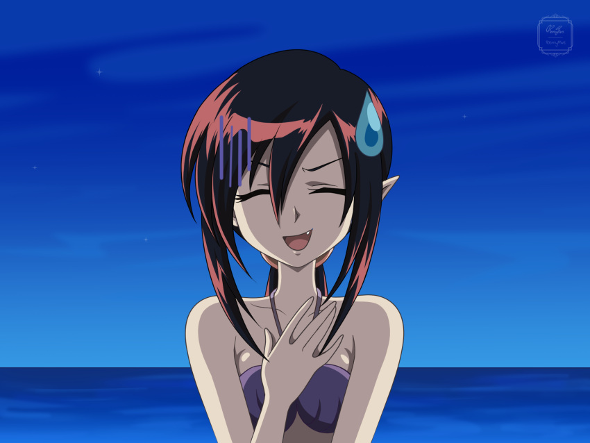 anime_coloring bikini breasts brown_hair fake_screenshot female genderswap_(mtf) hair_between_eyes halterneck highres lady_bat mermaid_melody_pichi_pichi_pitch night night_sky ocean oerba_yun_fang open_mouth pointy_ears ponytail purple_bikini remyfive rule_63 sky small_breasts smile solo sweatdrop swimsuit upper_body watermark