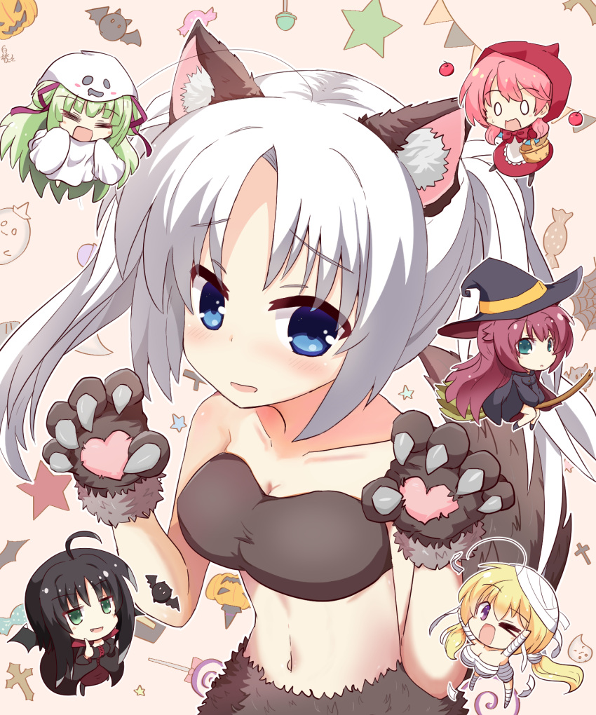 >_o 6+girls =_= ahoge animal_ears animal_hands apple arms_up bandaged_chest bat_(animal) black_hair black_headwear blonde_hair blush breasts brown_fur candy chibi claw_pose cleavage collarbone commentary_request cosplay cross fake_animal_ears fake_tail food fruit ghost_costume ghost_pose gloves green_eyes green_hair hair_between_eyes hair_ribbon hakutocake halloween halloween_costume happy hat heart highres hitachi_mako index_finger_raised kurama_koharu large_breasts lena_liechtenauer little_red_riding_hood_(grimm) little_red_riding_hood_(grimm)_(cosplay) long_hair looking_at_another looking_at_viewer low_twintails maniwa_roka multiple_girls mummy_costume murasame_(senren) navel nervous_smile o_o oerba_yun_fang one_eye_closed open_mouth parted_bangs parted_lips paw_gloves pink_background pink_hair pumpkin purple_eyes purple_ribbon red_hair red_skirt ribbon senren_banka short_hair_with_long_locks shy simple_background skirt slit_pupils smile smug solo_focus star_(symbol) stomach sweatdrop tail tomotake_yoshino twintails vampire_costume very_long_hair white_hair witch witch_hat wolf_ears wolf_tail