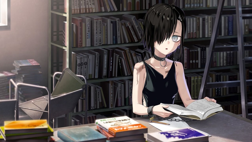 ahoge asymmetrical_bangs bangs black_hair black_shirt blurry blurry_foreground bookshelf chisato_(hentai_prison) collar collarbone cuffs female game_cg grey_eyes hair_over_one_eye handcuffs hentai_prison ichitora indoors looking_at_viewer open_mouth scar shiny shiny_hair shirt short_hair sleeveless sleeveless_shirt solo