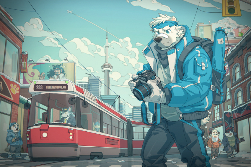 accessory aircraft airplane amazing_background anthro backpack bear ben_(rollingstoneeeeee) black_bottomwear black_clothing black_nose black_pants blue_clothing blue_eyes blue_headband blue_jacket blue_topwear bottomwear building camera canada city cityscape clothed clothing cloud cn_tower detailed detailed_background digital_media_(artwork) fur group hair headband headgear headwear holding_camera holding_object jacket kemono landmark male mammal maple_leaf outside pants polar_bear public_transportation rail_transit rollingstoneeeeee sky skyscraper street topwear toronto toronto_transit_commission tram urban urban_rail_transit ursine vehicle white_body white_fur