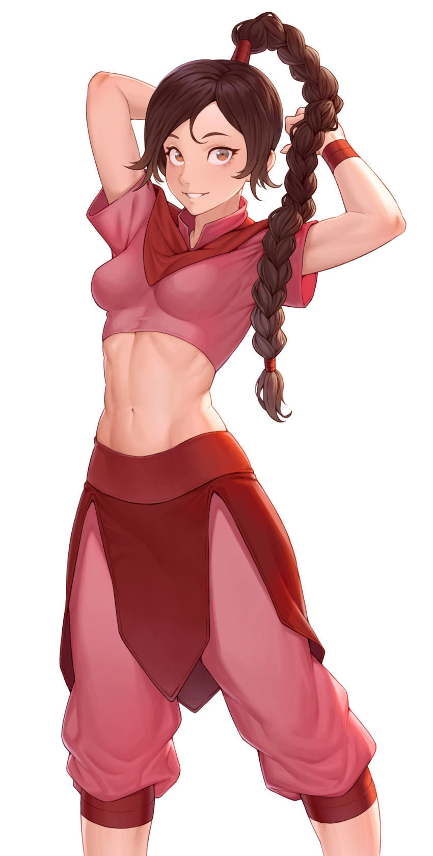 arms_behind_head arms_up avatar:_the_last_airbender avatar_legends braid braided_ponytail breasts brown_eyes brown_hair capri_pants cheshirrr commentary female highres long_hair looking_at_viewer medium_breasts midriff navel pants parted_lips pink_pants short_sleeves simple_background smile solo standing stomach tied_hair ty_lee white_background wristband