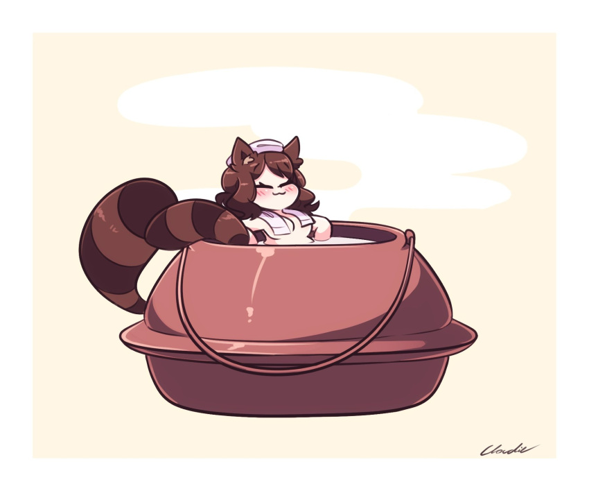 animal_ears antinomy_of_common_flowers bathing chagama_(pot) female futatsuiwa_mamizou highres leaning_back littlecloudie nude plump raccoon_ears raccoon_girl raccoon_tail smile solo steam tail teapot touhou towel towel_around_neck