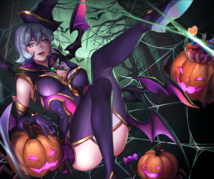 \||/ absurdres bare_shoulders bewitching_elise breasts candy cave claws elise_(league_of_legends) english_commentary female food full_body gem gloves glowing gold_trim grey_hair halloween highres league_of_legends legs medium_breasts mini_wings nyaamen_fork official_alternate_costume pumpkin purple_eyes purple_gloves purple_thighhighs shadow silk single_hair_intake sitting sleeveless solo spider_web thighhighs thighs tilted_headwear tongue tongue_out tree wings witch