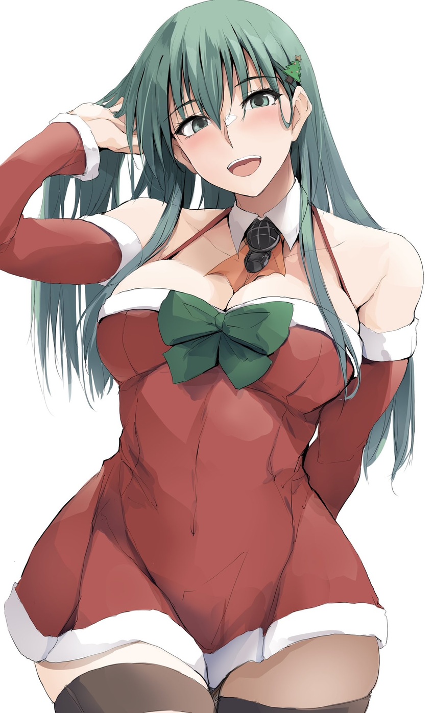 blush breasts brown_thighhighs cleavage collarbone commentary cowboy_shot detached_sleeves female green_eyes green_hair hair_between_eyes highres kantai_collection large_breasts long_hair looking_at_viewer official_alternate_costume santa_costume simple_background smile solo suzuya_(kancolle) thighhighs white_background zekkyon