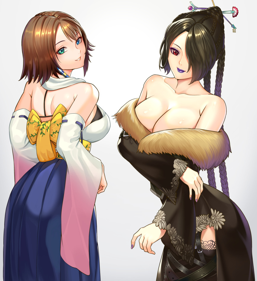 2girls back_bow bare_shoulders belt black_bra black_hair black_thighhighs blue_eyes bow bra bra_peek bra_strap braid breasts brown_hair cleavage detached_sleeves dress eyeshadow final_fantasy final_fantasy_x fur_trim green_eyes hair_ornament hair_over_one_eye hair_stick hakama hakama_skirt heterochromia highres japanese_clothes lace-trimmed_thighhighs large_breasts long_braid long_skirt looking_back lulu_(ff10) makeup multiple_girls off-shoulder_dress off_shoulder parted_lips purple_eyeshadow purple_lips purple_nails red_eyes seed01010 simple_background skirt smile thighhighs too_many too_many_belts underwear wide_sleeves yuna_(ff10)