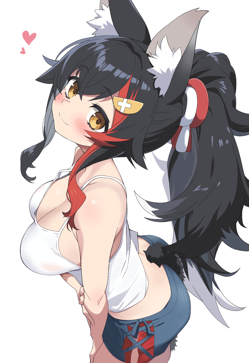 alternate_costume animal_ear_fluff animal_ears bare_shoulders black_hair blue_shorts blush breasts cleavage closed_mouth female flipped_hair hair_between_eyes hair_ornament hairclip heart highres hiroikara_(smhong04) hololive kouhaku_nawa long_hair looking_at_viewer medium_breasts multicolored_hair ookami_mio ponytail red_hair rope shimenawa shorts simple_background smile solo streaked_hair tail tail_around_own_leg tail_wrap tank_top virtual_youtuber white_background white_tank_top wolf_ears wolf_girl wolf_tail yellow_eyes