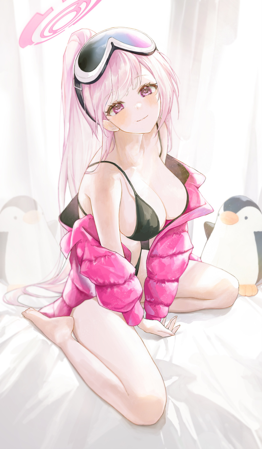 absurdres barefoot bed_sheet bikini black_bikini blue_archive blush breasts cleavage closed_mouth eimi_(blue_archive) eimi_(swimsuit)_(blue_archive) female halo highres indoors kuren_kren large_breasts legs long_hair looking_at_viewer official_alternate_costume pink_eyes pink_hair pink_halo sitting smile soles solo stuffed_animal stuffed_penguin stuffed_toy swimsuit toes very_long_hair