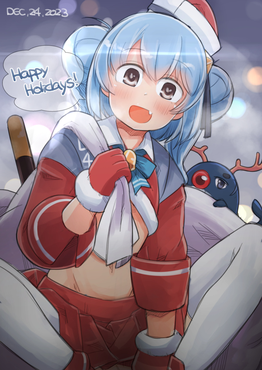 :d blue_hair brown_eyes commentary_request cropped_shirt double_bun english_text enjaku_izuku female fur-trimmed_gloves fur_trim gloves hair_bun highres kantai_collection long_sleeves looking_at_viewer miniskirt oerba_yun_fang open_mouth pleated_skirt red_gloves red_headwear red_shirt red_skirt samuel_b._roberts_(kancolle) santa_costume shirt sitting skirt smile solo speech_bubble spread_legs thighhighs white_thighhighs