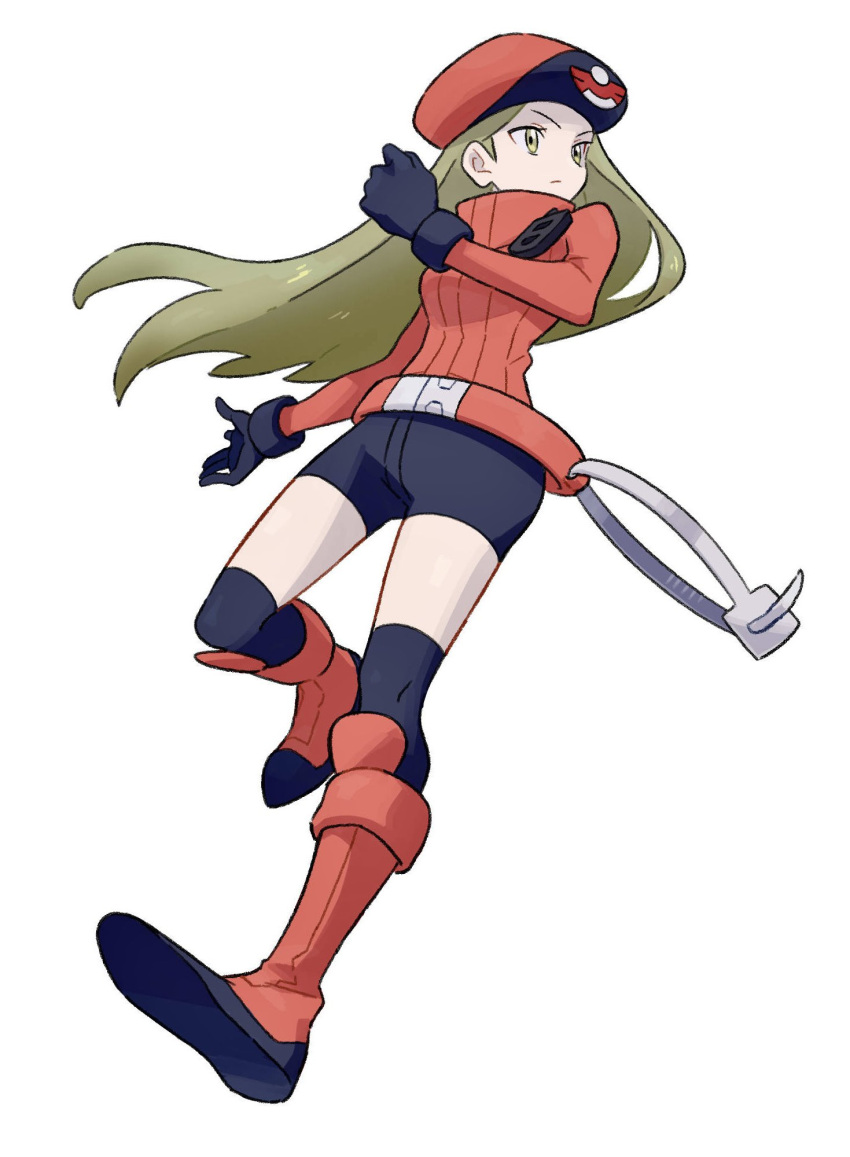 belt belt_buckle beret bike_shorts black_gloves blonde_hair boots buckle closed_mouth commentary_request female floating_hair full_body gloves hat high_collar highres jacket long_hair over-kneehighs pokemon pokemon_ranger_(pokemon) pokemon_xy red_belt red_footwear red_hat red_jacket rii_(mrhc7482) simple_background solo thighhighs white_background yellow_eyes