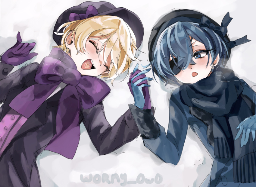 2boys alois_trancy artist_name blonde_hair blue_eyes blue_gloves blue_hair blue_ribbon ciel_phantomhive closed_eyes coat earrings eyepatch gloves hat highres holding_hands interlocked_fingers jewelry kodona kuroshitsuji lolita_fashion lying male_focus multiple_boys open_mouth otoko_no_ko purple_gloves purple_ribbon purple_suit ribbon scarf short_hair snow suit tongue_tattoo winter_clothes winter_coat wormy_owo yaoi