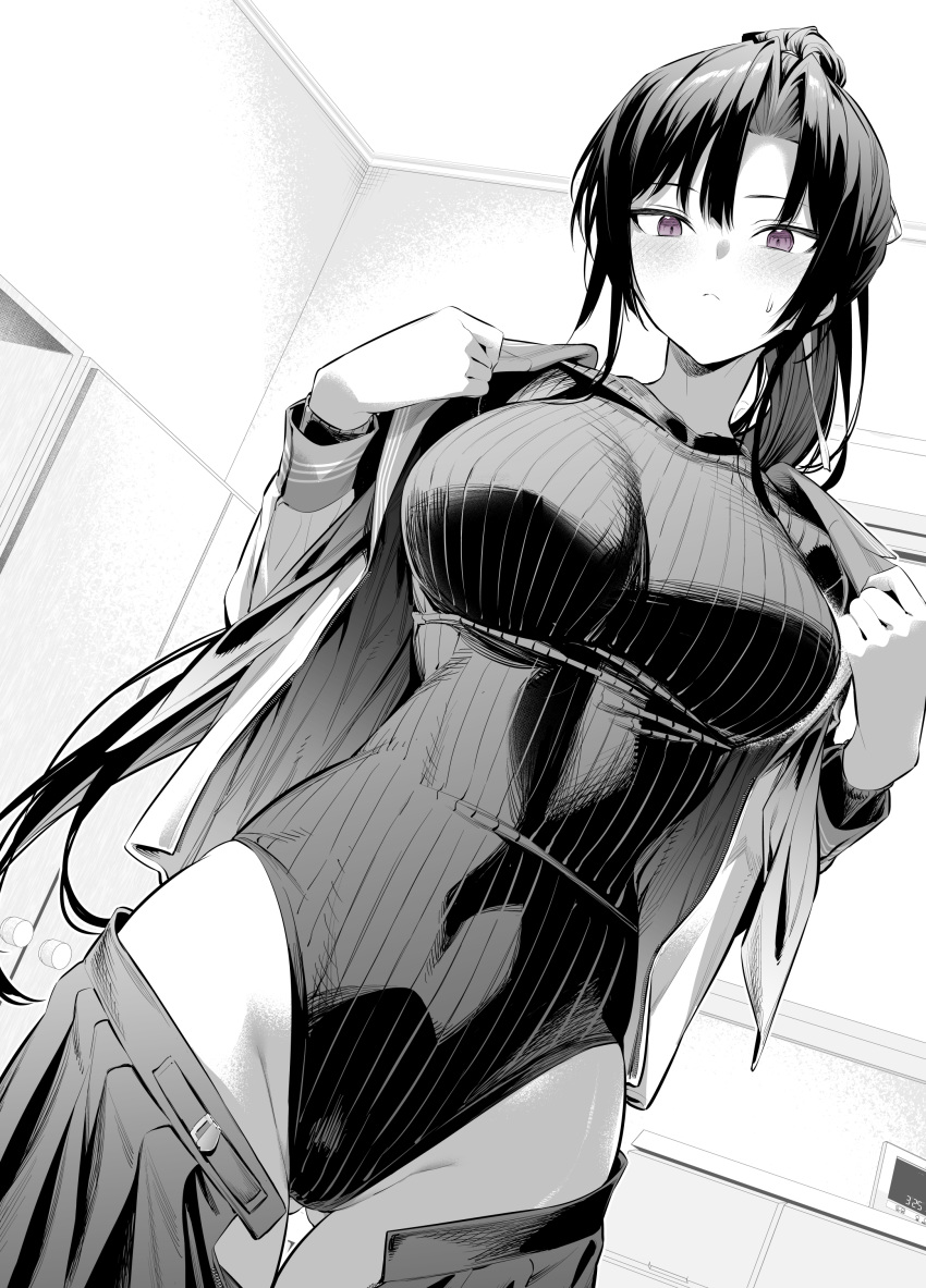 absurdres ass_visible_through_thighs black_hair black_skirt blush breasts commentary_request female greyscale heattech_leotard highleg highleg_leotard highres hiiragi_yuuichi large_breasts leotard long_sleeves looking_at_viewer monochrome open_clothes open_shirt original parted_bangs pleated_skirt ponytail purple_eyes ribbed_leotard shirt skirt solo undressing