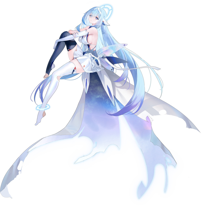 :o asymmetrical_legwear azur_lane bare_shoulders black_thighhighs blue_eyes blue_hair breasts cape constellation_(azur_lane) dress elbow_gloves female from_side full_body gloves gradient_eyes gradient_hair hair_between_eyes hair_ornament halo hand_on_own_arm headgear highres holding_own_leg holster invisible_chair knee_up large_breasts leg_up long_hair looking_at_viewer mimoza_(96mimo414) mismatched_legwear multicolored_cape multicolored_clothes multicolored_eyes multicolored_hair multicolored_wings no_shoes non-web_source official_art parted_lips pleated_dress purple_eyes purple_hair sideboob single_elbow_glove single_glove sitting sleeveless sleeveless_dress solo thighhighs thighs toeless_legwear torn_cape torn_clothes transparent_background two-sided_cape two-sided_fabric very_long_hair weapon_case white_dress white_gloves white_thighhighs wings zettai_ryouiki