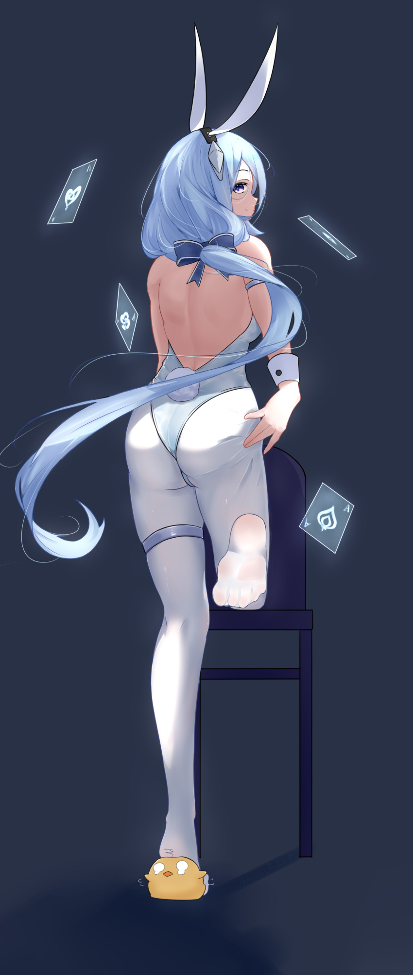 \||/ absurdres ace_(playing_card) ace_of_clubs ace_of_diamonds ace_of_hearts ace_of_spades animal_ears ass azur_lane bare_back card chair club_(shape) constellation_(azur_lane) constellation_(galaxy's_finest)_(azur_lane) detached_collar diamond_(shape) fake_animal_ears fake_tail feet female from_behind full_body grey_background heart highres leotard looking_at_viewer looking_back manjuu_(azur_lane) official_alternate_costume pantyhose playboy_bunny playing_card rabbit_ears rabbit_tail simple_background solo spade_(shape) standing standing_on_one_leg tail thigh_strap white_leotard white_pantyhose wrist_cuffs xin_sanmu