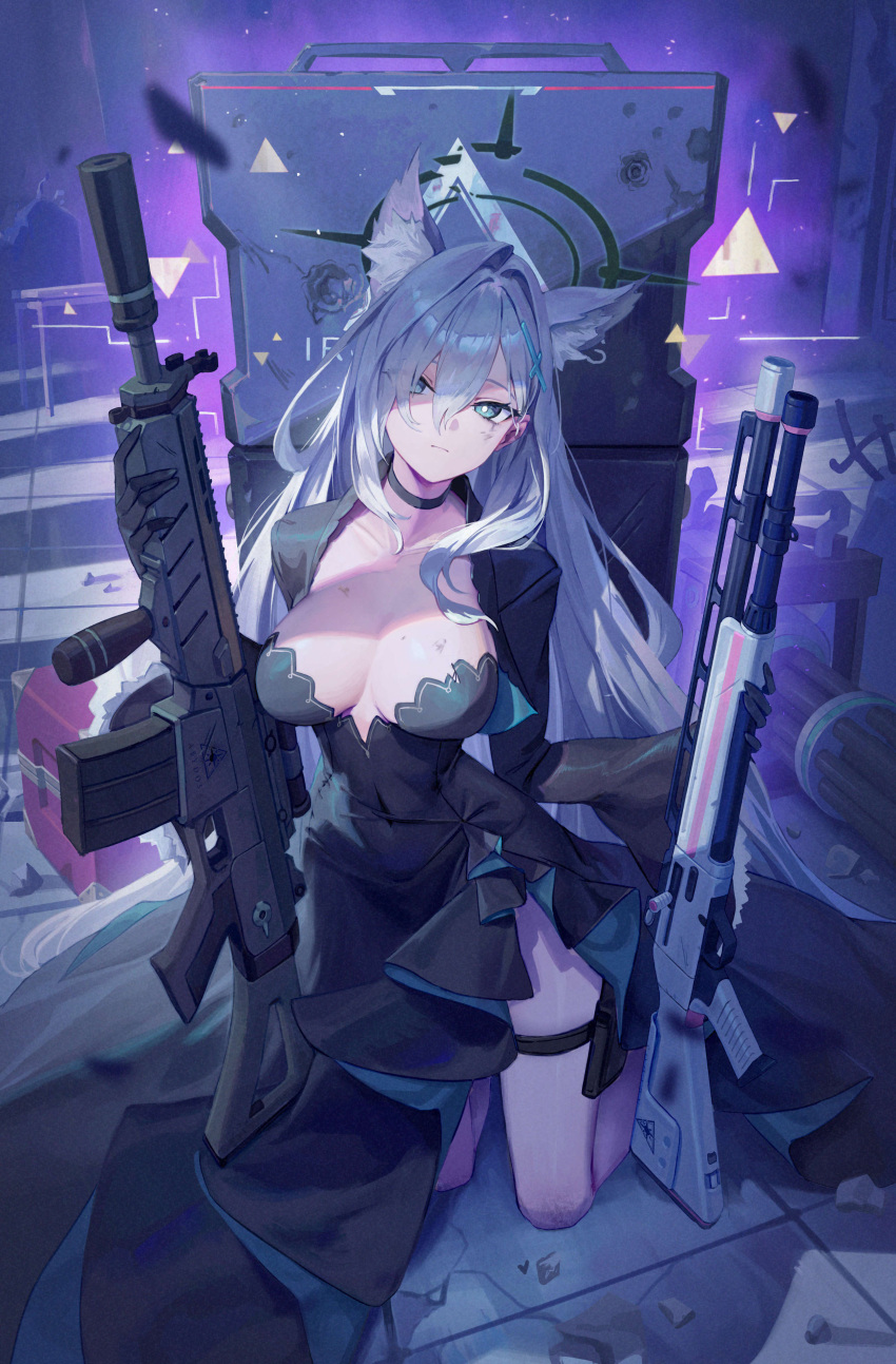 absurdres animal_ear_fluff animal_ears assault_rifle beretta_1301 black_choker black_dress black_halo blue_archive blue_eyes breasts bright_pupils choker cleavage closed_mouth commentary_request covered_navel cross_hair_ornament dress female gatling_gun gesoking grey_hair gun hair_between_eyes hair_ornament halo highres holding holding_gun holding_weapon kneeling long_hair long_sleeves looking_at_viewer m134_minigun medium_breasts multiple_weapons rifle shiroko_(blue_archive) shiroko_terror_(blue_archive) shotgun sig_556 sig_sauer solo thigh_strap weapon white_pupils